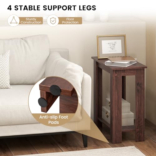 Giantex Narrow End Table Set of 2, 2-Tier Side Table with Open Storage Shelf, Retro Wood Sofa Table Bedside Tables for Small Spaces, Slim Nightstand for Living Room, Bedroom, Easy Assembly, Walnut - color: Walnut