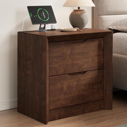 YANSNWO Walnut Nightstand with Charging Station, 23.6" Modern Bedside Table with Thickened Frame & Unique Panel, Mid Century Wood End Table for Bedroom, Living Room - color: Walnut, size: 15.6"D x 23.6"W x 23.6"H (2 Drawers)