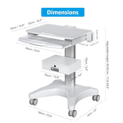 Medical Trolley Cart with Laptop Tray and Oral Scanner Holder, Mobile Workstation on Wheels with a Drawer for Hospital Dental Clinics Beauty Salons (OC-3) | Aviation aluminum, 360° lockable wheels, lockable drawer, 30kg load capacity, universal scanner ho