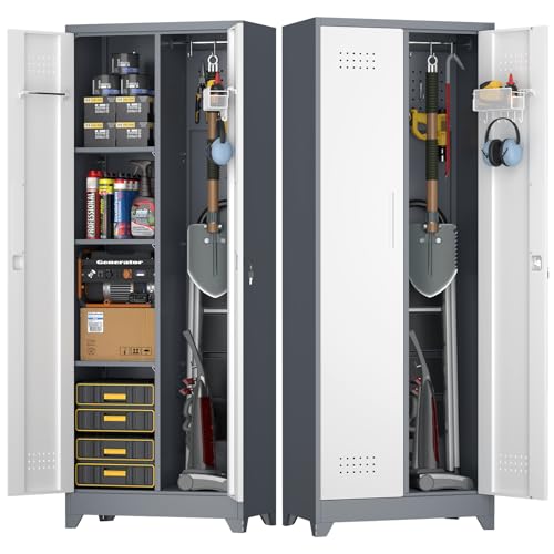 Broom Storage Cabinet, Metal Utility Storage Cabinet with Hanging Rail, 65" Tall Cleaning Tool Organizer with Shelves and Doors, Cleaning Storage for Home, Garage, Office, Balcony - color: 65"h 2 Doors - Grey/White