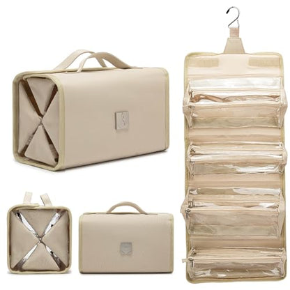 Roll Up Makeup Bag, Travel Toiletry Bag for Women with 4 Clear TSA Approved Pouches, Hanging Travel Organizer, Folding Cosmetic Bag for Men and Women - color: khaki