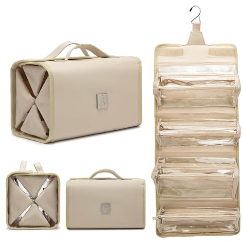Roll Up Makeup Bag, Travel Toiletry Bag for Women with 4 Clear TSA Approved Pouches, Hanging Travel Organizer, Folding Cosmetic Bag for Men and Women - color: khaki