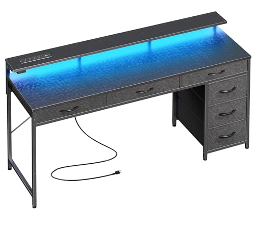 Huuger Gaming Desk with 6 Drawers, Computer Desk with LED Lights Power Outlets and Type-C, 55 Inch Office Desk with Storage, Monitor Stand, Writing Desk Work Desk Home Office, Bedroom, Black, 1CD102B - color: Black, size: 54 inch