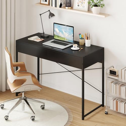 Giantex Computer Desk with 2 Drawers, 44 Inch Home Office Desk with Anti-Toppling Device & Metal Frame, Compact Laptop PC Table, Makeup Vanity Table, Modern Study Writing Desk for Small Spaces (Black) - color: Black