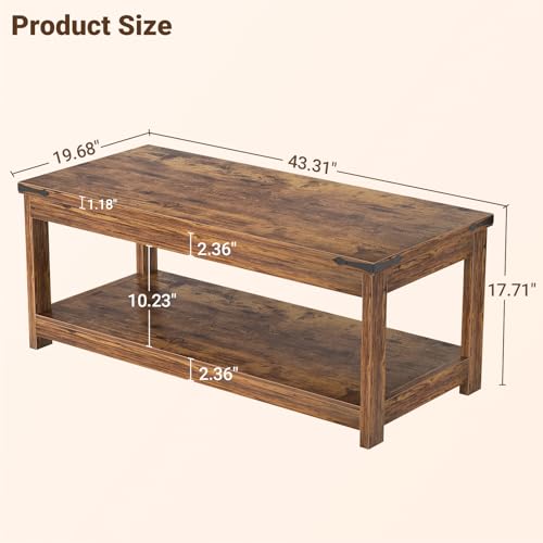 Homieasy 43.3” Rectangular Coffee Table with Storage Shelf, Rustic Brown | Farmhouse Wood Center Table for Living Room, Modern Black Tea Table with Open Shelf - color: Rustic Brown