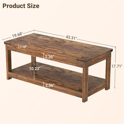 Homieasy 43.3” Rectangular Coffee Table with Storage Shelf, Rustic Brown | Farmhouse Wood Center Table for Living Room, Modern Black Tea Table with Open Shelf - color: Rustic Brown