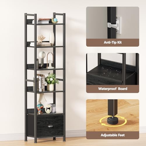 Furologee Book Shelf Set of 2, 6 Tier Tall Shelf with Drawer, Bookshelves and Bookcases Set of 2, Industrial Display Shelving Unit for Bedroom, Living Room, Home Office, Black Oak - color: Black Oak, size: 6 Tier-2 PCS