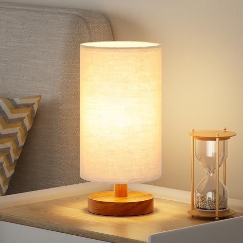 Fenmzee Small Table Lamp for Bedroom - Inline Control, Bedside Lamp with 3000K A15 LED Blub, Easy Assembly (Beige Shade - Walnut Base, 9" Inline Control) - color: Beige Shade - Walnut Base