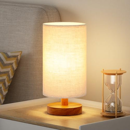 Fenmzee Small Table Lamp for Bedroom - Inline Control, Bedside Lamp with 3000K A15 LED Blub, Easy Assembly (Beige Shade - Walnut Base, 9" Inline Control) - color: Beige Shade - Walnut Base