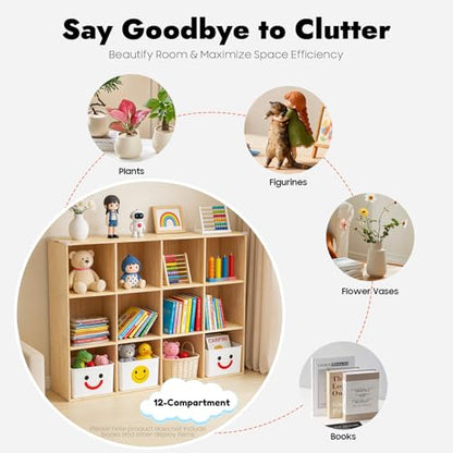 12-Cube Solid Wood Bookshelf, 3-Tier Storage Organizer Semi-Open Floor Display Shelf Closet Cabinet for Home Office Library School, 12" D x 47" W x 35" H - size: 12-Cube, 12"D x 47"W x 35"H