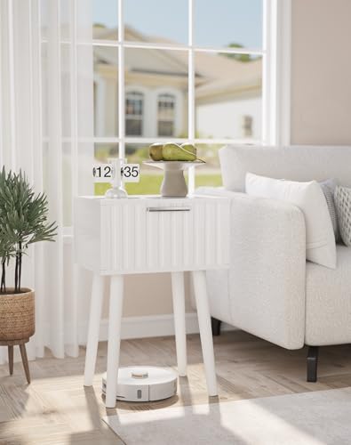 YMYNY Fluted Nightstand Set of 2, Small End Table, Modern Coffee Table with Drawer, Solid Wood Legs, Retaining Chain, 13.8" x 10.6" x 20.9", for Bedroom and Small Spaces, White UHST014W-2 - color: White