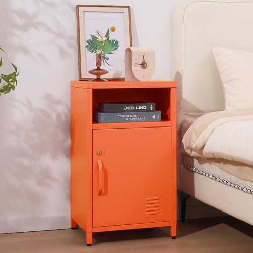 ALBAD Compact Metal Nightstand with Lockable Cabinet and Open Shelf, Modern Bedside Table, Versatile Side Table for Bedroom, Living Room, or Office (Orange, 26" H-Lockable Door) - color: Orange, size: 26"H-Lockable Door