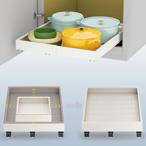 Pull out Cabinet Organizer,Expandable Width(15"-21"),Depth(17"-24") with 3 Rails,Roll out Drawers,No Drill Adjustable Slide out Shelves for Kitchen,Pantry,for Both Lip and Lip-Free Cabinets,White(1PC) - color: White, size: (15"W-21"W)X(17"D-24"D)