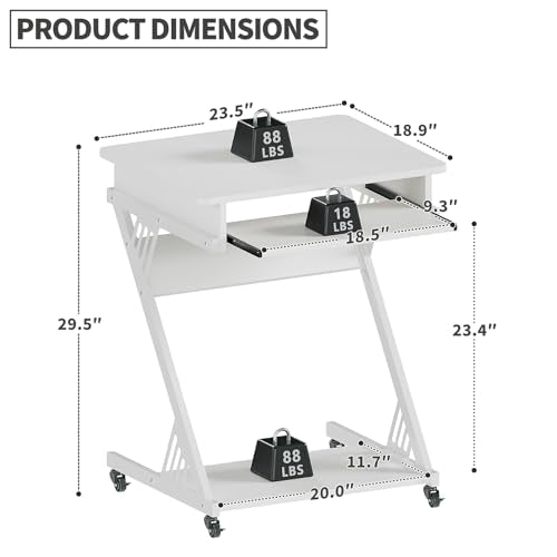 ALISENED 2 Tier Computer Desk with Keyboard Tray, 23.6" Home Office Desk Computer Workstation Rolling Study PC Laptop Table for Small Spaces,Z-Shaped Small Compact Study Table,White - color: White