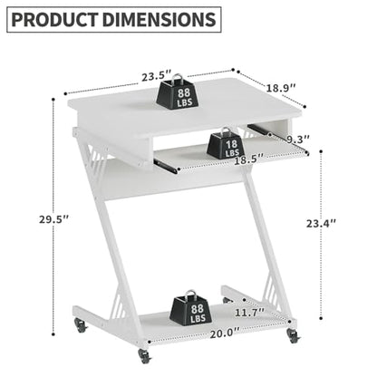 ALISENED 2 Tier Computer Desk with Keyboard Tray, 23.6" Home Office Desk Computer Workstation Rolling Study PC Laptop Table for Small Spaces,Z-Shaped Small Compact Study Table,White - color: White