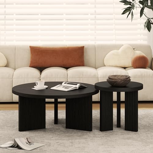 Nesting Coffee Table Set of 2, Modern Wooden Coffee Table with Smooth Thick Design, Circle Tea Table and End Table Set, Accent Center Tables for Living Room, Office, Black - color: Black, style: Coffee Table Set of 2