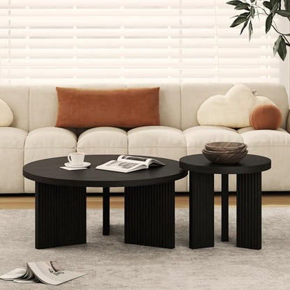 Nesting Coffee Table Set of 2, Black | Modern Wooden Coffee Table, Circle Tea Table and End Table Set, Accent Center Tables for Living Room, Office - color: Black, style: Coffee Table Set of 2