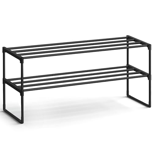 SONGMICS Shoe Rack, 2-Tier Shoe Organizer, Metal Storage Shelf, Upright or Upside Down, for 12-15 Pairs, Stackable, for Entryway, 11.8 x 36.2 x 14 Inches, Black ULSA12BK - color: Black, size: 2 Tiers (36.2"W)