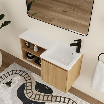 Malwee 36" Corner Floating Bathroom Vanity with Resin Sink, Right Side L-Shaped Wall Mounted Cabinet, Soft Close Door & Open Shelf, Space Saving Vanity for Small Bathroom, Light Brown - size: 36" (Right Sink)