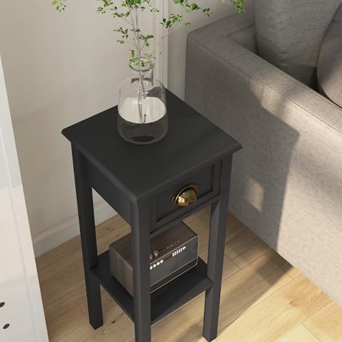 HOMCOM Narrow End Table with Drawer and Bottom Shelf, Slim Side Table for Small Spaces, Skinny Modern Accent Desk for Living Room, Set of 2, Black - color: Black