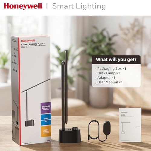 Honeywell LED Desk Lamp - Sunturalux Desk Lamps for Home Office with USB A+C Charging Ports, Stepless Dimmable Eye-Caring Foldable Desk Light for Table Bedroom Bedside Reading(Black) - color: Black