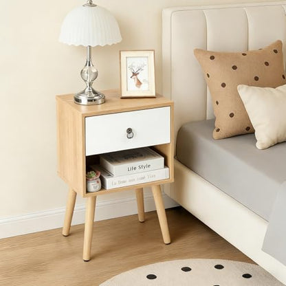 Bonnlo Nightstand Set of 2, Modern Bedside Table with Drawer Open Shelf, End Table with Solid Wood Legs for Bedroom, Oak - color: White+oak, size: 1 Drawer 1 Shelf