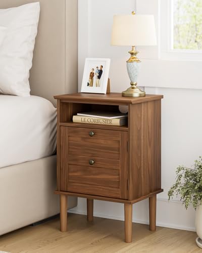 Nightstand, Boho Night Stand with 1 Drawer, Modern Side Accent Table with Open Shelf, Wooden Top Bedside End Table for Bedroom, Living Room, Walnut - color: Walnut