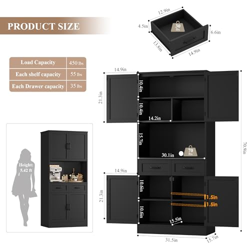 HOSTACK 71“ Tall Kitchen Pantry Storage Cabinet, Modern Kitchen Hutch Bar Cabinet with Microwave Stand, Wood Buffet Sideboard with Hutch, Cupboard with Drawers, Shelves for Dining Room, Black - color: Black