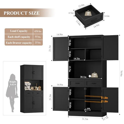 HOSTACK 71“ Tall Kitchen Pantry Storage Cabinet, Modern Kitchen Hutch Bar Cabinet with Microwave Stand, Wood Buffet Sideboard with Hutch, Cupboard with Drawers, Shelves for Dining Room, Black - color: Black