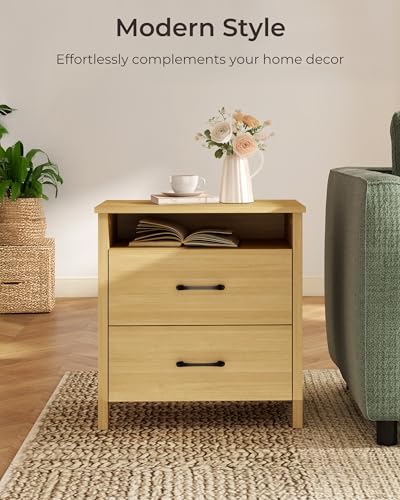 Farmhouse Nightstand with 2 Drawers, Rustic Wooden Nightstand with Bedside Table, Side End Table with Open Shelf for Bedroom, Natural - color: Natural, size: 1 Piece