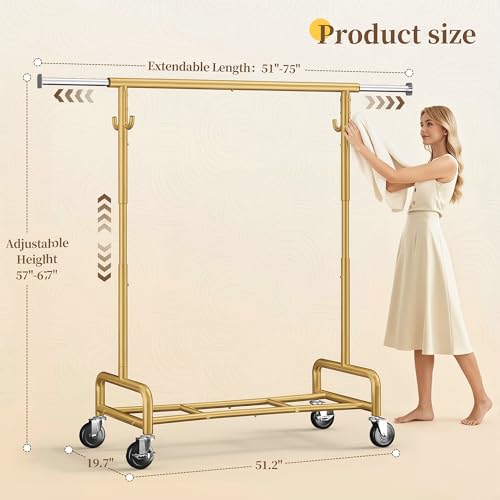 Raybee 75" W Heavy Duty Clothes Rack Load 450 LBS, Metal Garment Storage with Shelf, Lockable Wheels & Anti-Slip Stoppers, Rolling Clothing Rack for Bedroom Laundry Room, Gold - color: Gold, style: Rod Shelf