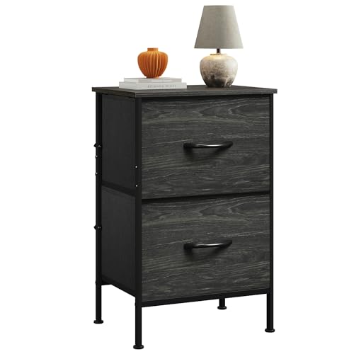 WLIVE Nightstand, Nightstand with 2 Drawers, Bedside Furniture, Night Stand, Small Dresser for Bedroom, College Dorm, End Table with Fabric Bins, Dormitory, Charcoal Black Wood Grain Print - color: Charcoal Black, size: 11.8"D x 15.7"W x 24.9"H