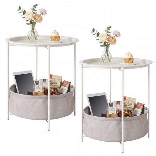 VECELO Round Side/End Table with Fabric Storage Basket，Metal Anti-Rust and Waterproof Small Bedside Nightstand with Removable Tray Top for Living Room，Balcony & Laundry，Beige/2pcs with Basket - color: Beige, size: 2 PCS with Basket
