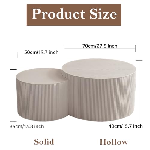 Round Nesting Coffee Table Set of 2 Modern Cream Fluted Coffee Table Small Round End Table Crescent Side Table Circular Coffee Tables Nested Coffee Tables for Living Room (Cream Large) - color: Cream Large