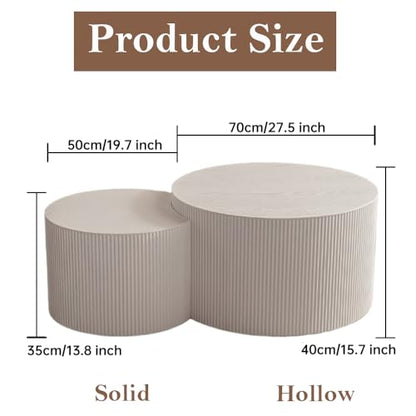 Round Nesting Coffee Table Set of 2 Modern Cream Fluted Coffee Table Small Round End Table Crescent Side Table Circular Coffee Tables Nested Coffee Tables for Living Room (Cream Large) - color: Cream Large