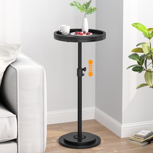 Small Side Table, Drink Table, Height Adjustable Round End Table, Pedestal Side Table for Small Spaces in Living Room, Bedroom, Black - color: Black-standard