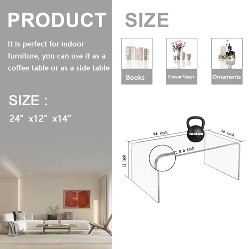 Premium C-Shape Acrylic Side Table,24" L x 14" W x 12" H x 1/2" Thick Clear End Table,Transparent Nightstand with Waterfall Edges,Modern Lucite Side Table for Living Room - size: 24" L x 14" W x 12" H