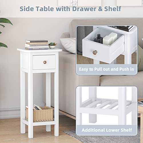 Giantex Tall End Table, Narrow Side Table with Drawer and Shelf, Acacia Wood Nightstand for Living Room, 2-Tier Bedside Table for Small Space, No Assembly, White - color: White