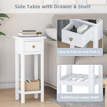 Giantex Tall End Table Set of 2, Narrow Side Table with Drawer and Shelf, Acacia Wood Nightstand for Living Room, 2-Tier Bedside Table for Small Space, No Assembly, White - color: White