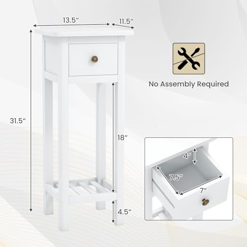 Giantex Narrow End Table with Drawer, Tall Acacia Wood Side Table with Bottom Shelf, Modern Bedside Tables, 2-Tier Nightstand for Small Spaces Bedroom Living Room, No Assemble Required, White - color: White