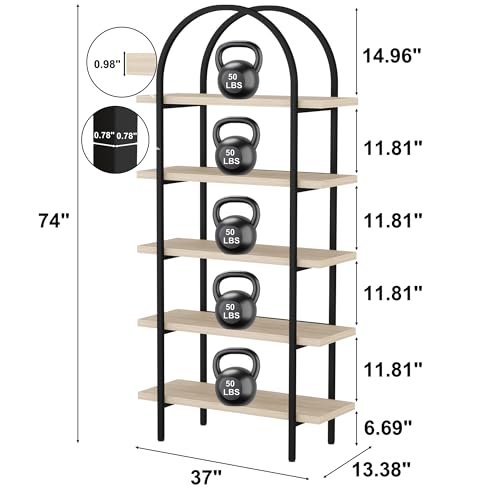 Yusong Bookshelf 5 Tier Arched Bookcase, 74" Tall Industrial Open Book Shelves for Living Room, Modern Freestanding Display Shelving Storage Rack with Metal Frame, Office, Bedroom, Natural Wood Color