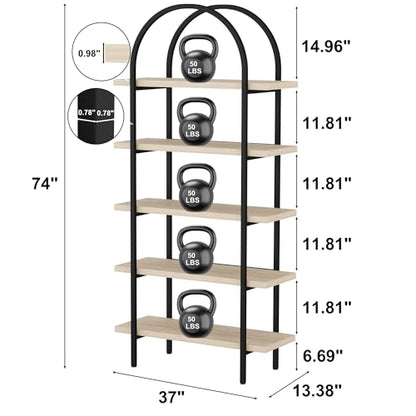 Yusong Bookshelf 5 Tier Arched Bookcase, 74" Tall Industrial Open Book Shelves for Living Room, Modern Freestanding Display Shelving Storage Rack with Metal Frame, Office, Bedroom, Natural Wood Color