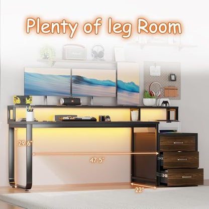 HOMBCK 67" Computer Desk with 3 Drawers, Home Office Desk with Long Monitor Stand and Printer Space, Office Desk with Storage & LED Lights, Writing Desk with Drawers, Black and Walnut - color: Black Walnut