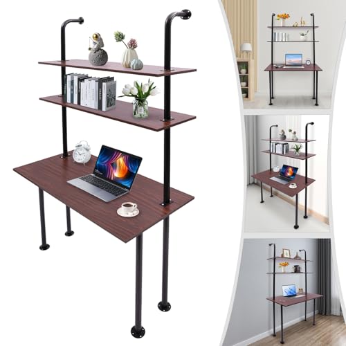 2-Shelf Industrial Wall Mount Ladder，Wall Mount Computer Desk Writing Desk,Industrial Bookcase Desk with Shelves，Floating Desk with Storage, Wall Table for Home Office, Brown (20"Dx30"Wx72.7"H) - color: Black/ Brown (39"w)