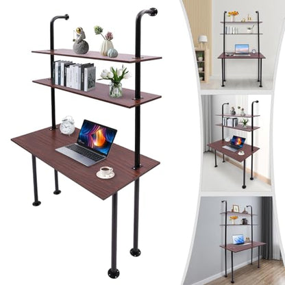 2-Shelf Industrial Wall Mount Ladder，Wall Mount Computer Desk Writing Desk,Industrial Bookcase Desk with Shelves，Floating Desk with Storage, Wall Table for Home Office, Brown (20"Dx30"Wx72.7"H) - color: Black/ Brown (39"w)