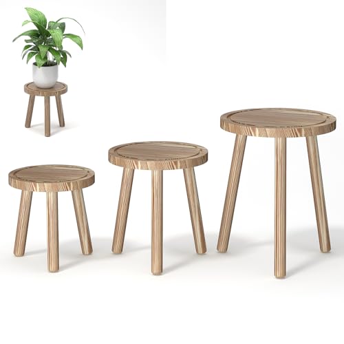 3-Pack Wood Plant Stands Indoor, Single Plant Stand for 6-12 Inch Pots, Mid-Century Modern Plant Stool, Tall Plant Stand for Large Plants for Living Room, Balcony, Office (Light Brown - color: light burnt color