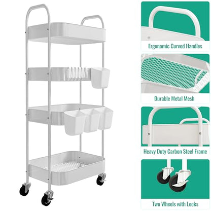 4-Tier Metal Rolling Cart with Wheels, Storage Utility Organizer Cart for Kitchen, Bathroom, Office, Baby Essentials & Makeup - Lockable Casters, Easy Assembly, Large Capacity, White
