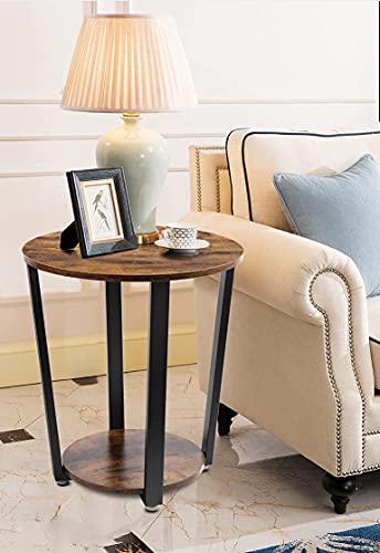 CASATOCA Round End Table, Metal Side Table, 2-Tier Industrial Sofa Table with Storage Rack, Stable and Sturdy Construction, Easy Assembly, Rustic Brown