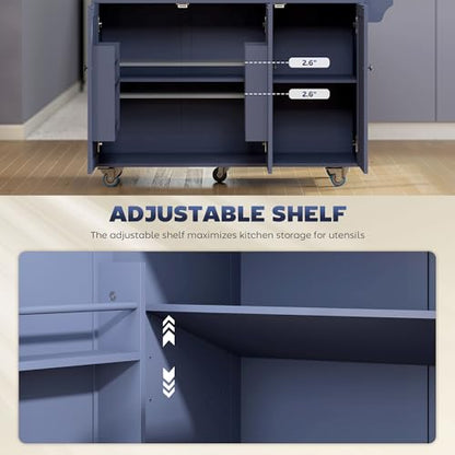 HOMCOM Kitchen Island with Drop Leaf and Power Outlet, Rolling Cart with Storage Cabinets, Solid Wood Island Table on Wheels for Kitchen with 3 Drawers, Towel Bars, Spice Rack, Dark Blue - color: Dark Blue