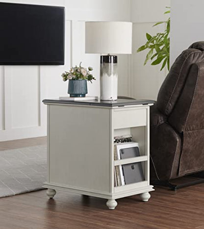 Martin Svensson Home Elegant Chairside End Table with Power — 24″W x 16″D x 25″H, White with Gray Top — Transitional Painted Accent Table with Flip-Top USB Charging, Drawer & Cabinet Storage - color: White With Grey Top